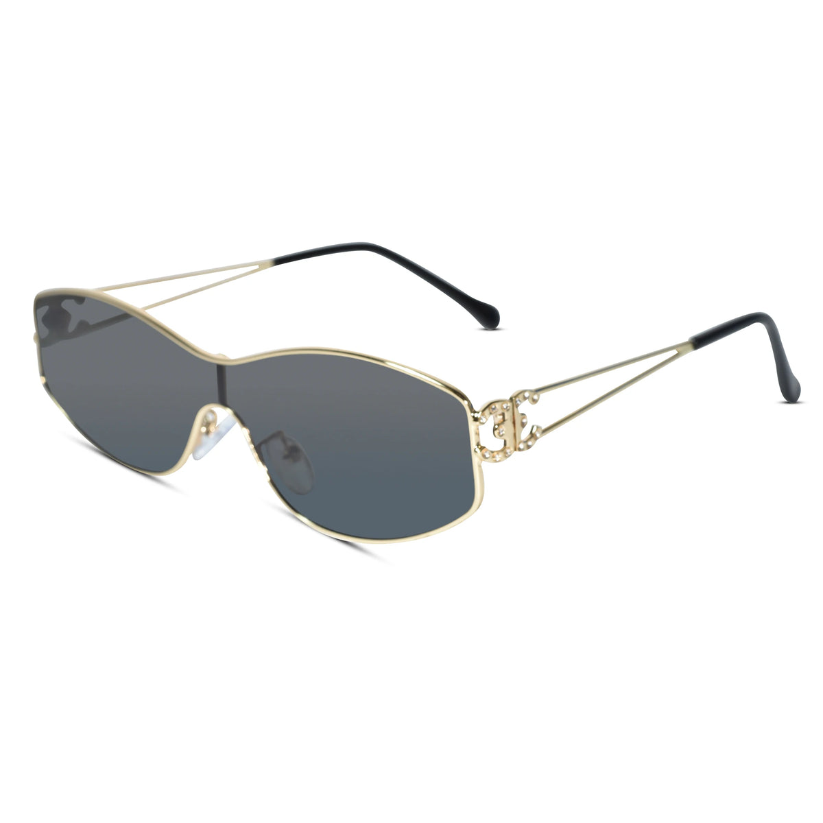 Aviator-style sunglasses with a gold metal frame, dark gray lenses, and black temple tips, shown on a plain white background.