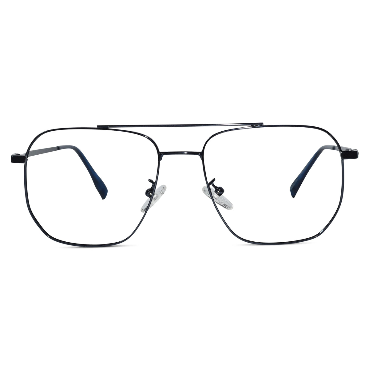A pair of square aviator-style metal eyeglasses with a thin double bridge, clear lenses, and dark blue temple tips, shown against a plain white background.