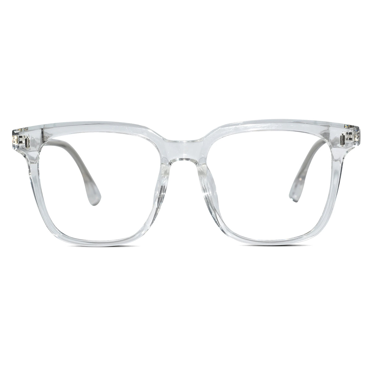 Clear acetate square eyeglasses with clear lenses and silver metal rivets at the temples, shown from a front-facing angle on a white background.