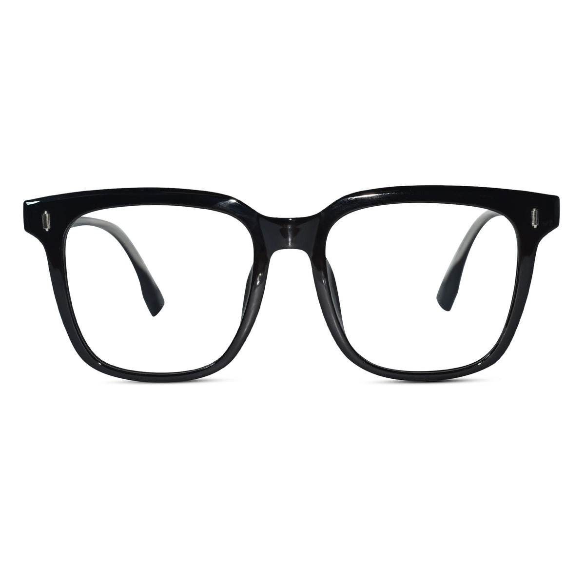 Black acetate square eyeglasses with clear lenses, shown from a front-facing perspective on a solid white background.