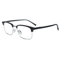 A pair of semi-rimless eyeglasses with a matte black upper brow bar and temples, and silver metal lower rims, shown on a plain white background.