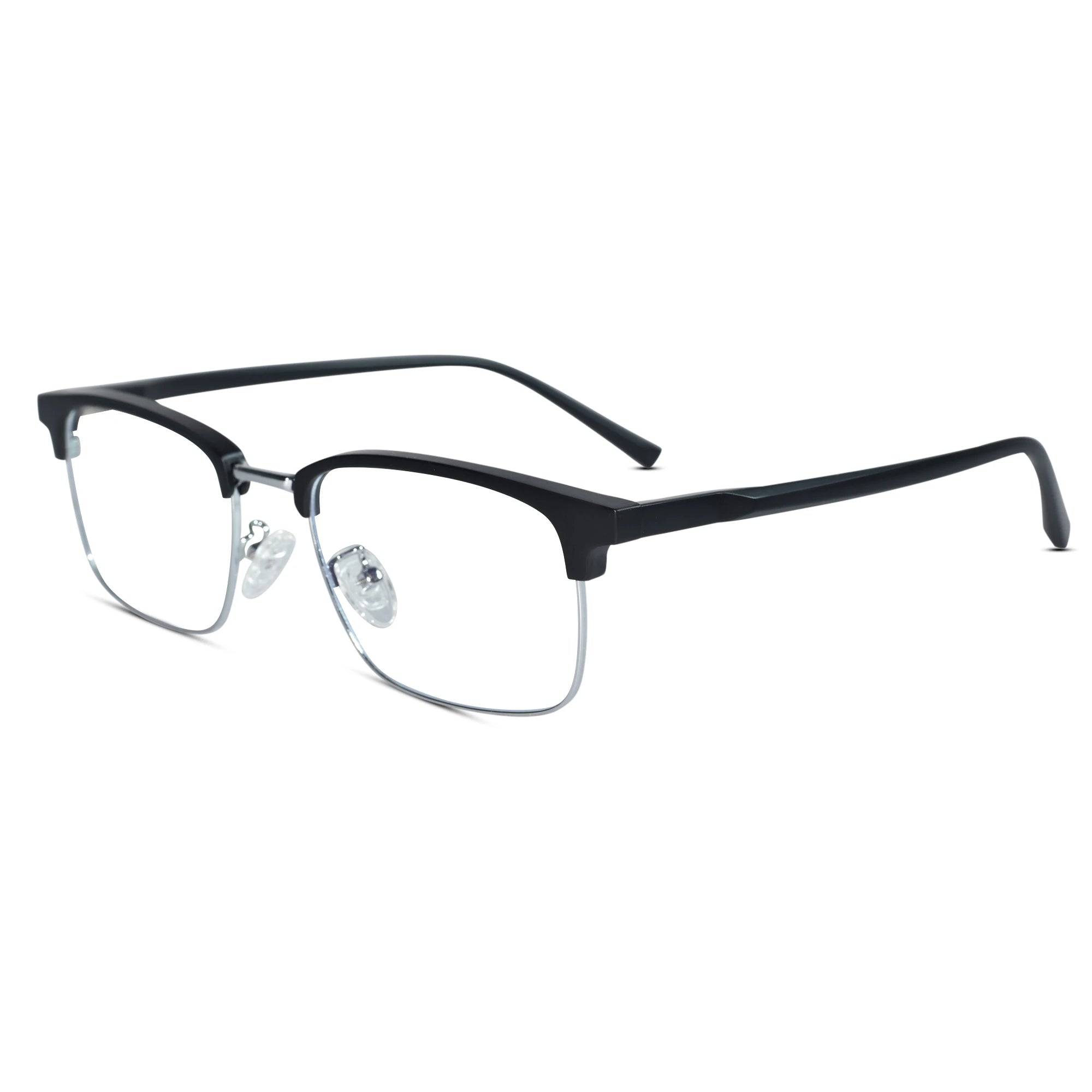 A pair of semi-rimless eyeglasses with a matte black upper brow bar and temples, and silver metal lower rims, shown on a plain white background.