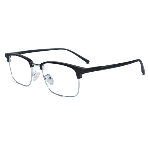 A pair of semi-rimless eyeglasses with a matte black upper brow bar and temples, and silver metal lower rims, shown on a plain white background.