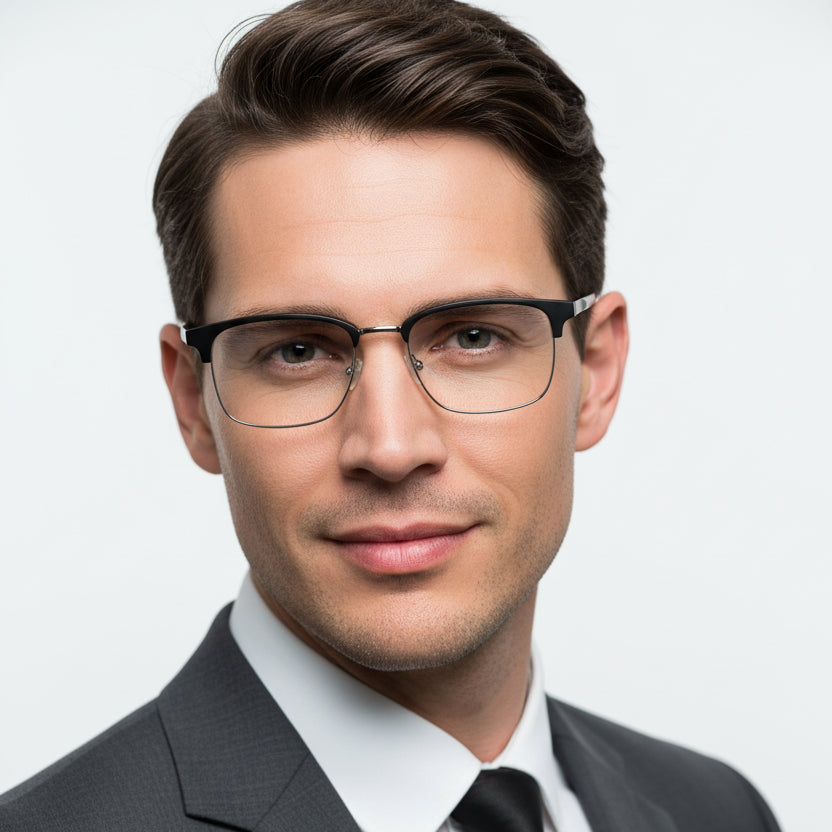 A pair of semi-rimless eyeglasses with a matte black upper brow bar and temples, and silver metal lower rims, shown on a plain white background.