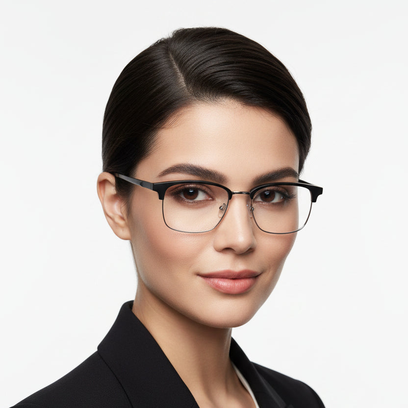 A pair of semi-rimless eyeglasses with a matte black upper brow bar and temples, and silver metal lower rims, shown on a plain white background.