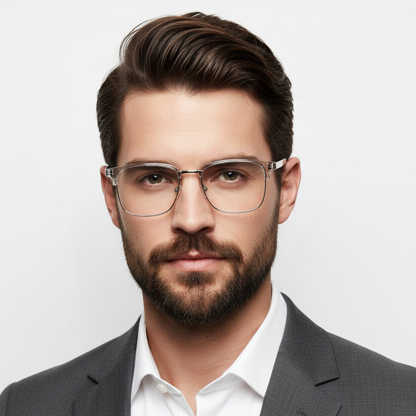 Clear semi-rimless eyeglasses with a transparent acetate frame and silver metal hinges, shown on a white background.