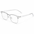 Clear semi-rimless eyeglasses with a transparent acetate frame and silver metal temples, shown on a white background.