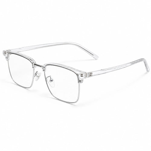 Clear semi-rimless eyeglasses with a transparent acetate frame and silver metal temples, shown on a white background.