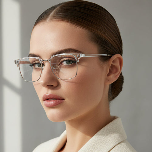 Clear semi-rimless eyeglasses with a transparent frame and silver metal hinges, shown on a white background.