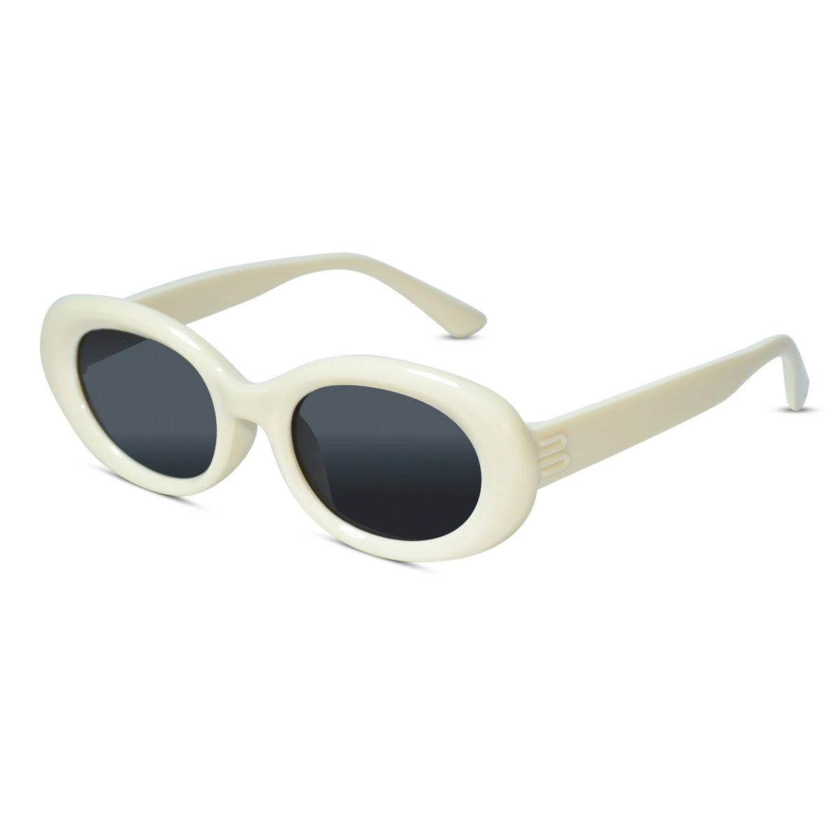 Oval sunglasses with a glossy cream-colored frame and dark gray lenses, shown on a plain white background.