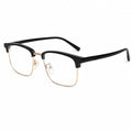Black and gold semi-rimless eyeglasses with clear lenses, shown at a three-quarter angle on a white background.