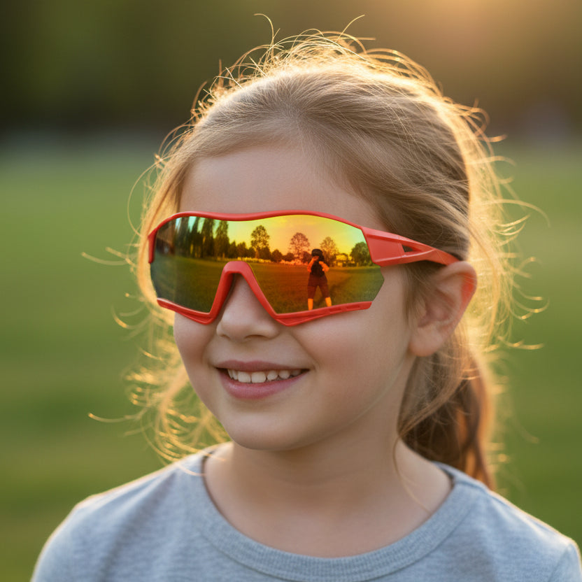 Sport sunglasses with a bright coral red frame and a mirrored yellow-to-green gradient lens, shown on a clean white background.