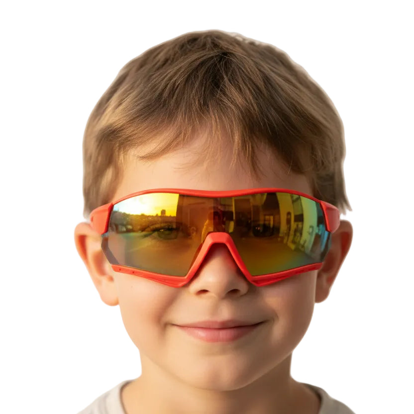 Sport sunglasses with a bright coral red frame and a mirrored yellow-to-green gradient lens, shown on a clean white background.