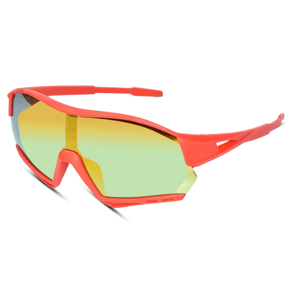 Sport sunglasses with a bright coral red frame and a mirrored yellow-to-green gradient lens, shown on a clean white background.