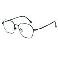 Black metal eyeglasses with a thin double-bridge design and clear lenses, shown on a plain white background.