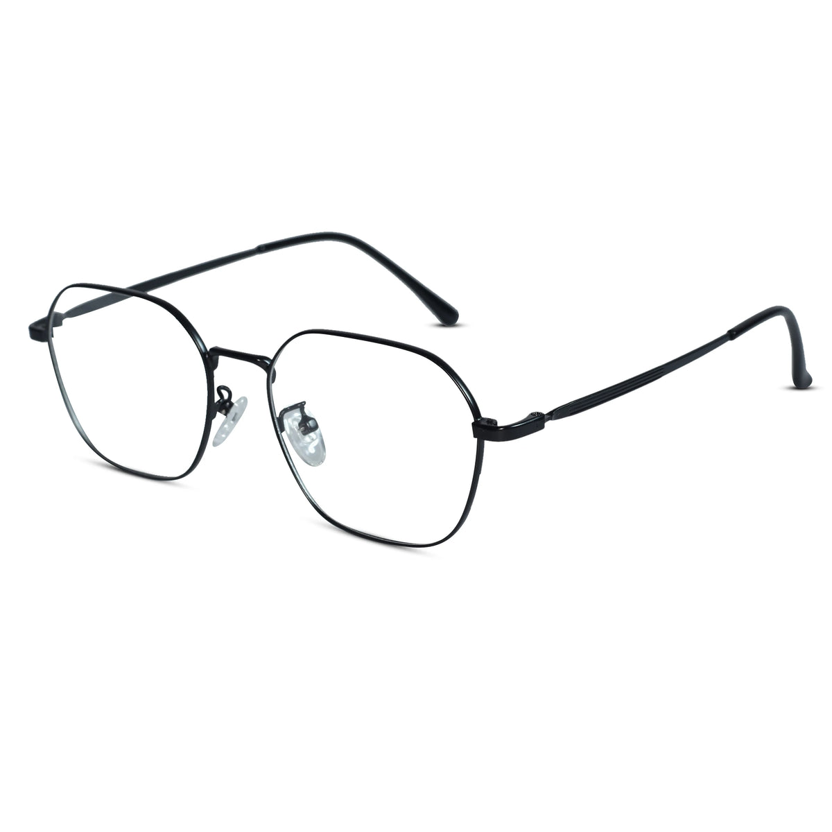 Black metal eyeglasses with a thin double-bridge design and clear lenses, shown on a plain white background.