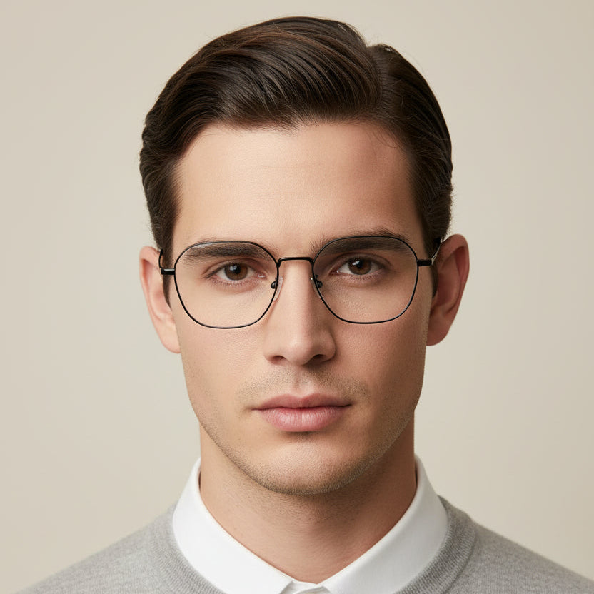 Black metal eyeglasses with a thin double-bridge design and clear lenses, shown on a plain white background.
