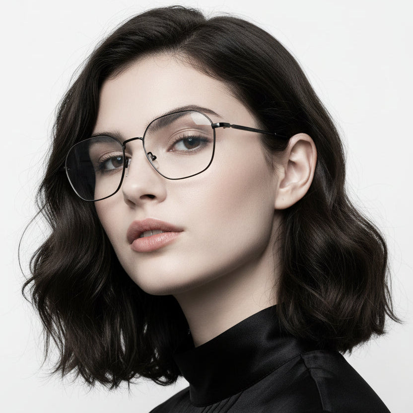 Black metal eyeglasses with a thin double-bridge design and clear lenses, shown on a plain white background.