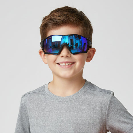 Sport sunglasses with a matte black frame and shield-style lenses featuring a blue-to-purple mirrored gradient, shown on a clean white background.