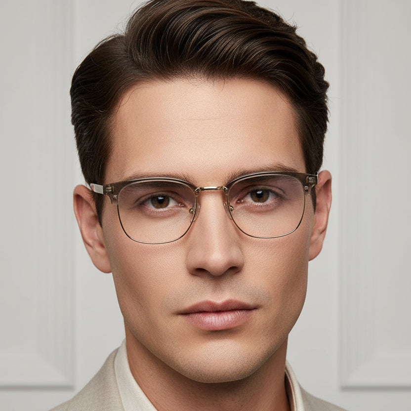 A pair of semi-rimless eyeglasses with a translucent taupe-brown acetate frame and gold metal rims, shown on a plain white background.