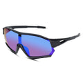 Sport sunglasses with a matte black frame and shield-style lenses featuring a blue-to-purple mirrored gradient, shown on a clean white background.