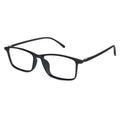 Black rectangular eyeglass frames with clear lenses, shown at an angle on a plain white background.