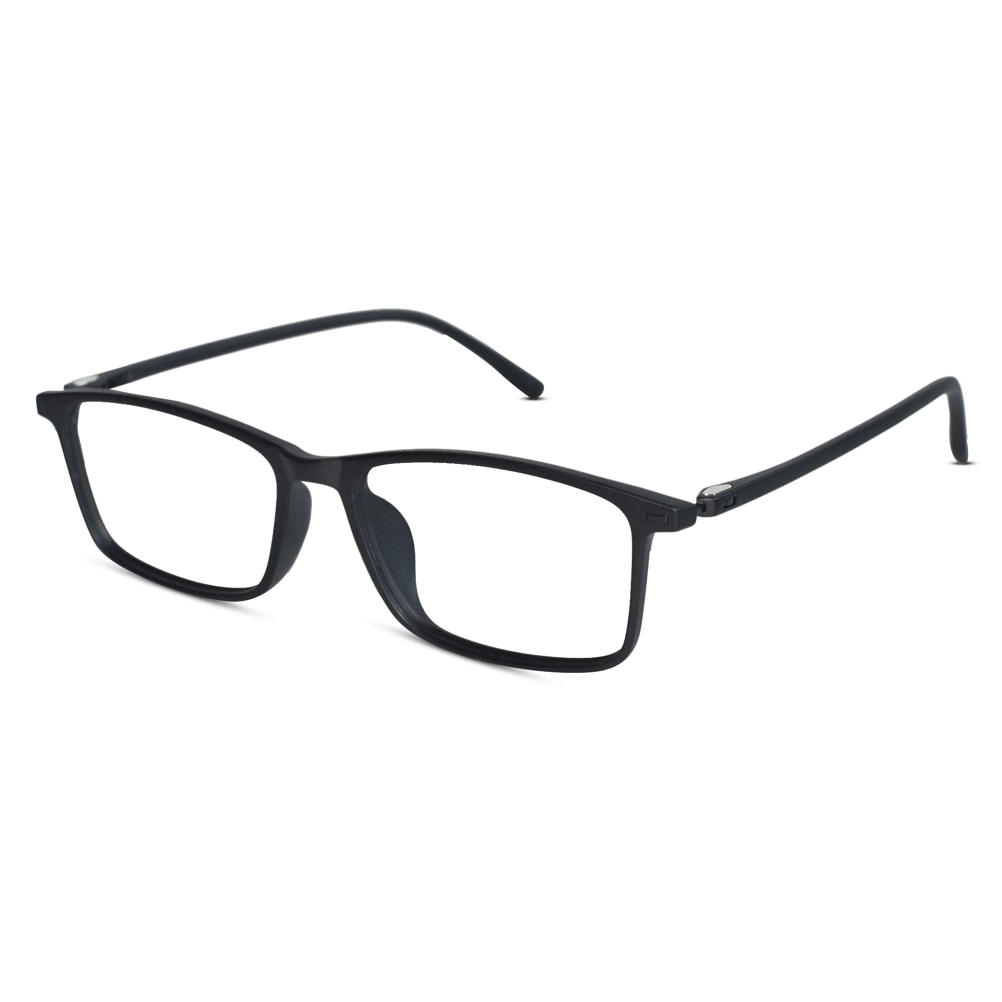 Black rectangular eyeglass frames with clear lenses, shown at an angle on a plain white background.