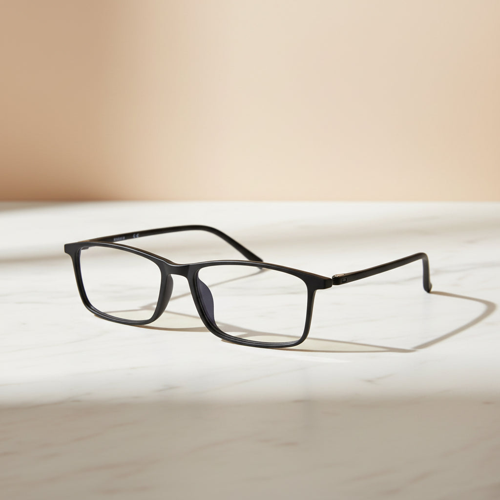 Black rectangular eyeglass frames with clear lenses, shown at an angle on a plain white background.