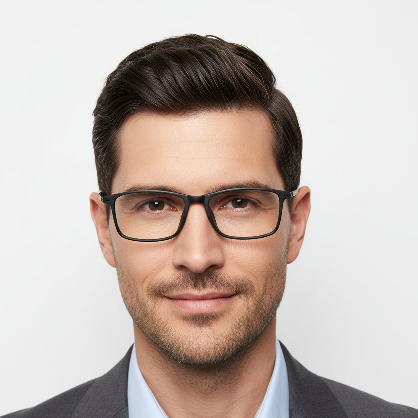 Black rectangular eyeglass frames with clear lenses, shown at an angle on a plain white background.