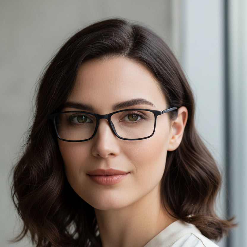 Black rectangular eyeglass frames with clear lenses, shown at an angle on a plain white background.