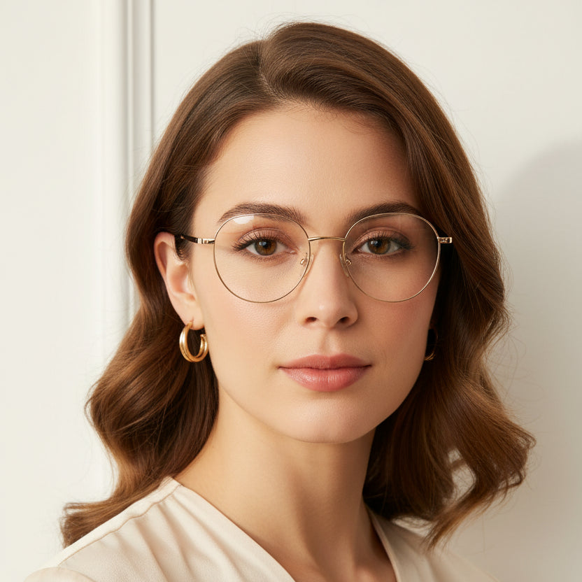 Oversized round metal eyeglass frames with a thin gold-tone rim and matching temples, shown on a plain white background.