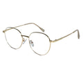 Oversized round metal eyeglass frames with a thin gold-tone rim and matching temples, shown on a plain white background.
