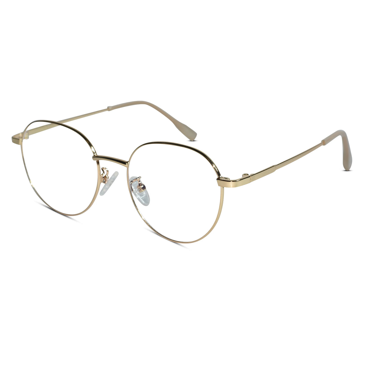 Oversized round metal eyeglass frames with a thin gold-tone rim and matching temples, shown on a plain white background.