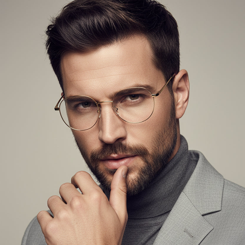 Oversized round metal eyeglass frames with a thin gold-tone rim and matching temples, shown on a plain white background.