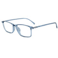 Light blue translucent acetate eyeglass frames with a square-to-rectangular shape, shown on a plain white background.