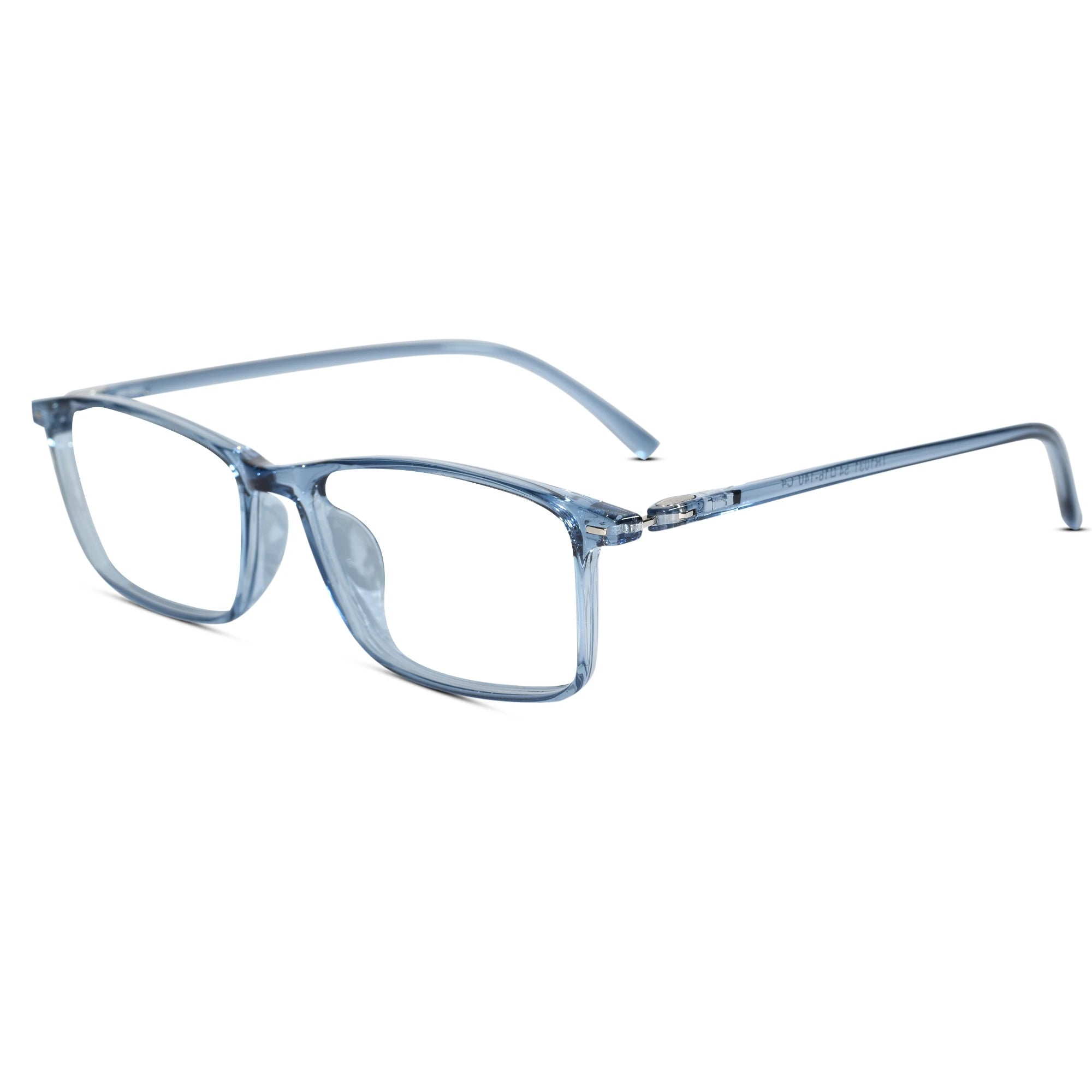 Light blue translucent acetate eyeglass frames with a square-to-rectangular shape, shown on a plain white background.