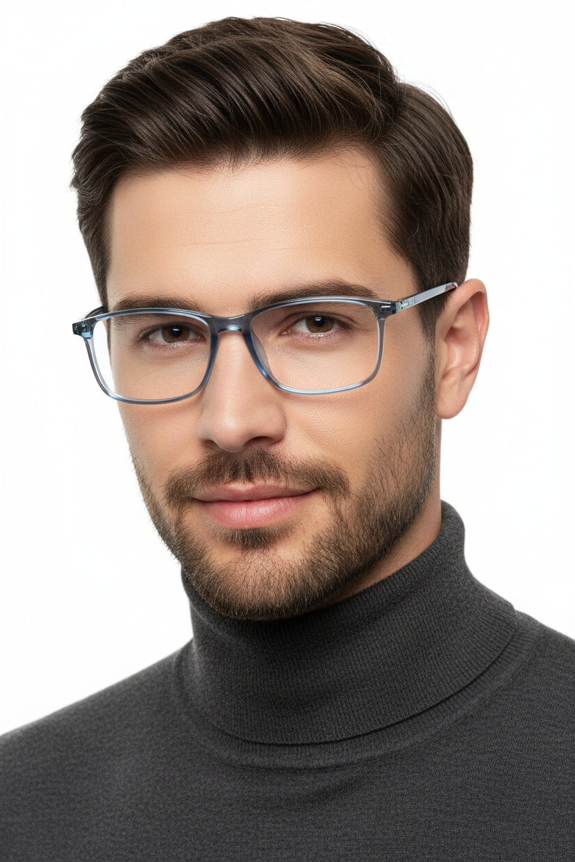 Light blue translucent acetate eyeglass frames with a square-to-rectangular shape, shown on a plain white background.