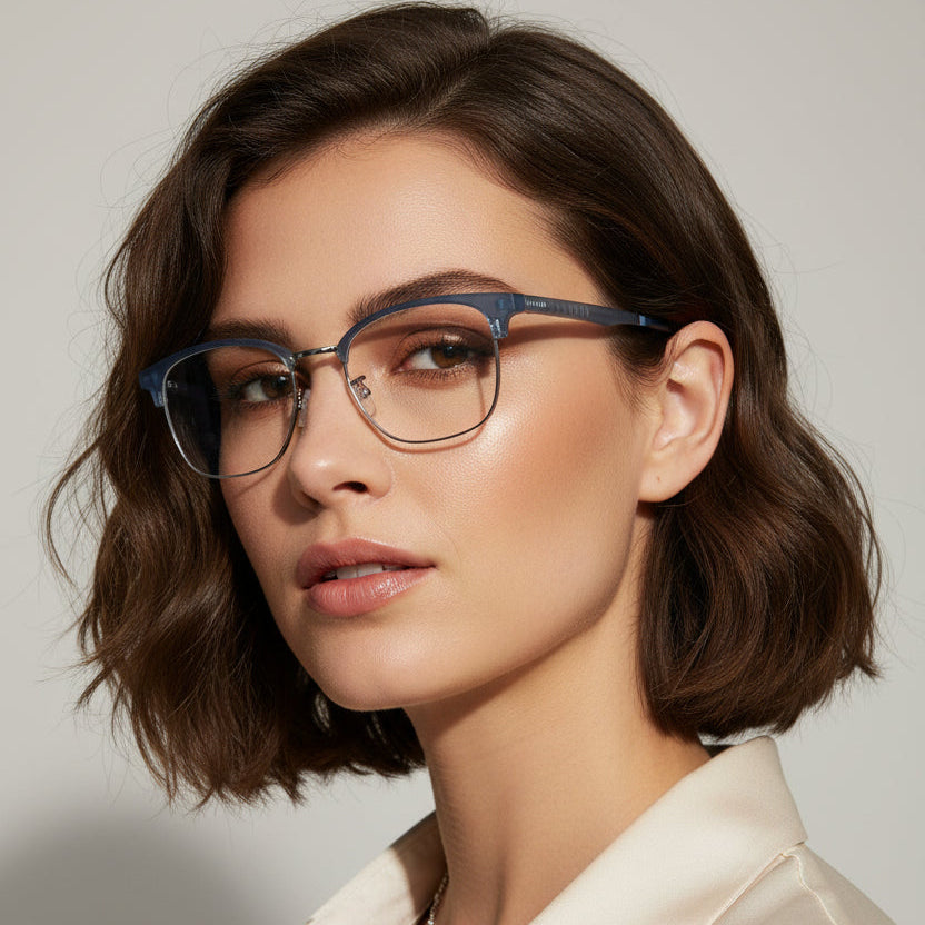 Blue semi-transparent metal eyeglasses with clear lower rims and patterned temple arms, shown on a plain white background.