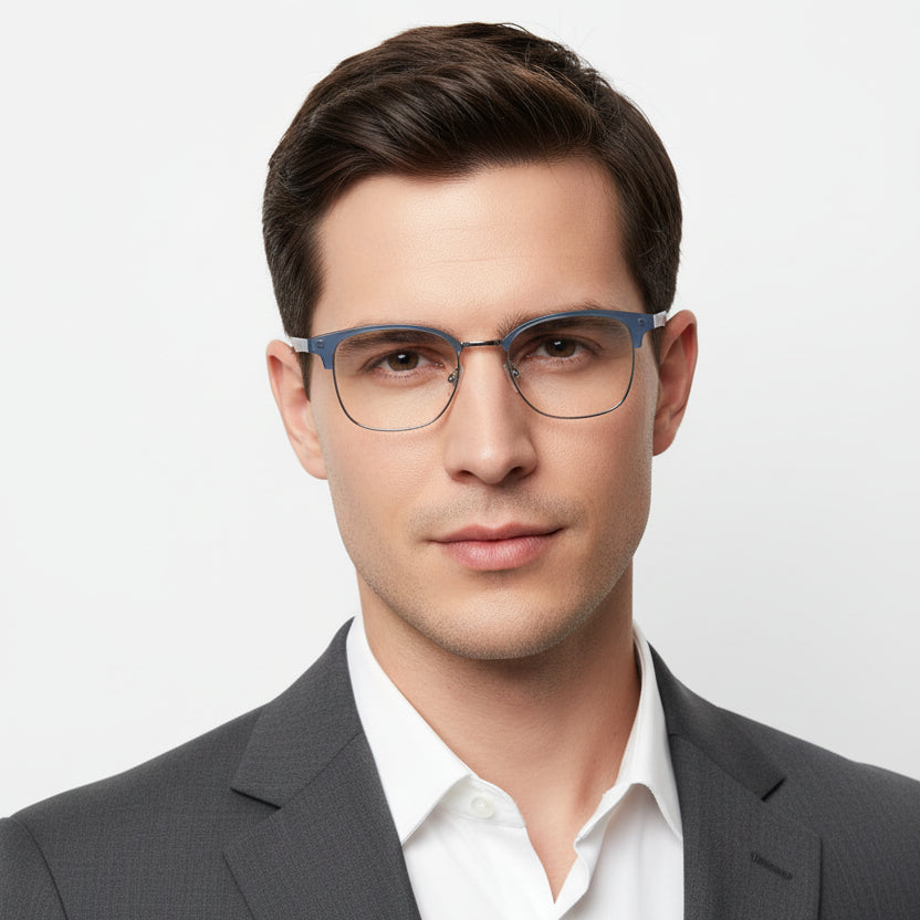 Blue semi-transparent metal eyeglasses with clear lower rims and patterned temple arms, shown on a plain white background.