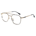 A pair of men's metal eyeglasses with a double bridge, featuring a gold-tone frame, clear lenses, and black temple tips, shown on a solid white background.