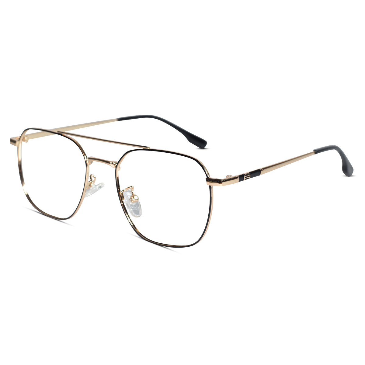 A pair of men's metal eyeglasses with a double bridge, featuring a gold-tone frame, clear lenses, and black temple tips, shown on a solid white background.