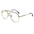 Gold metal aviator-style eyeglasses with clear lenses and black temple tips, shown on a plain white background.