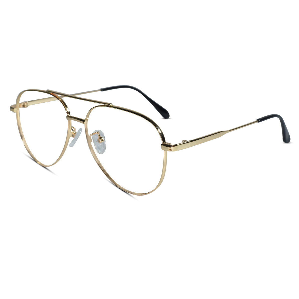 Gold metal aviator-style eyeglasses with clear lenses and black temple tips, shown on a plain white background.