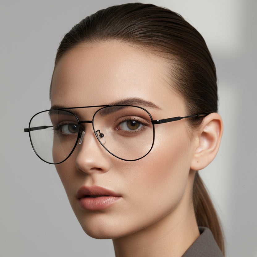 Black metal aviator-style eyeglasses with clear lenses and silver nose pads, shown on a plain white background.
