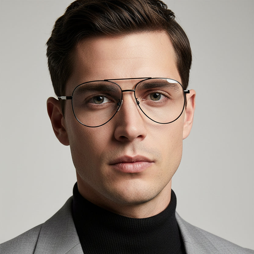 Black metal aviator-style eyeglasses with clear lenses and thin temples, shown on a plain white background.