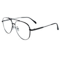 Black metal aviator-style eyeglasses with clear lenses and silver nose pads, shown on a plain white background.