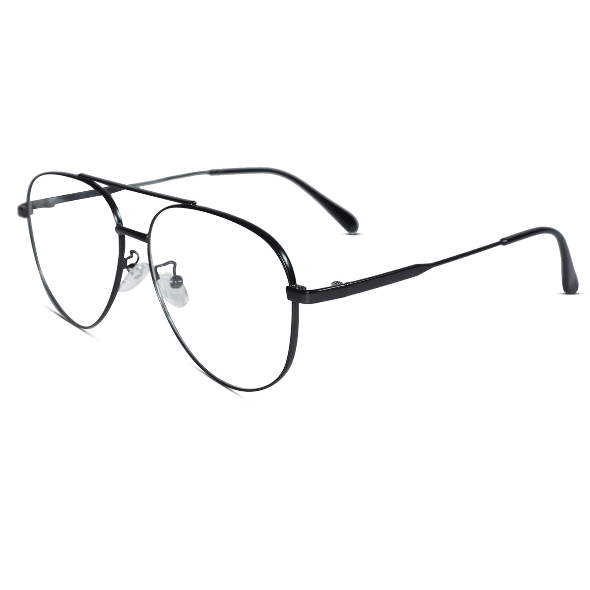Black metal aviator-style eyeglasses with clear lenses and silver nose pads, shown on a plain white background.
