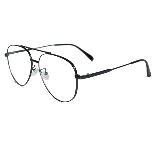 Black metal aviator-style eyeglasses with clear lenses and silver nose pads, shown on a plain white background.