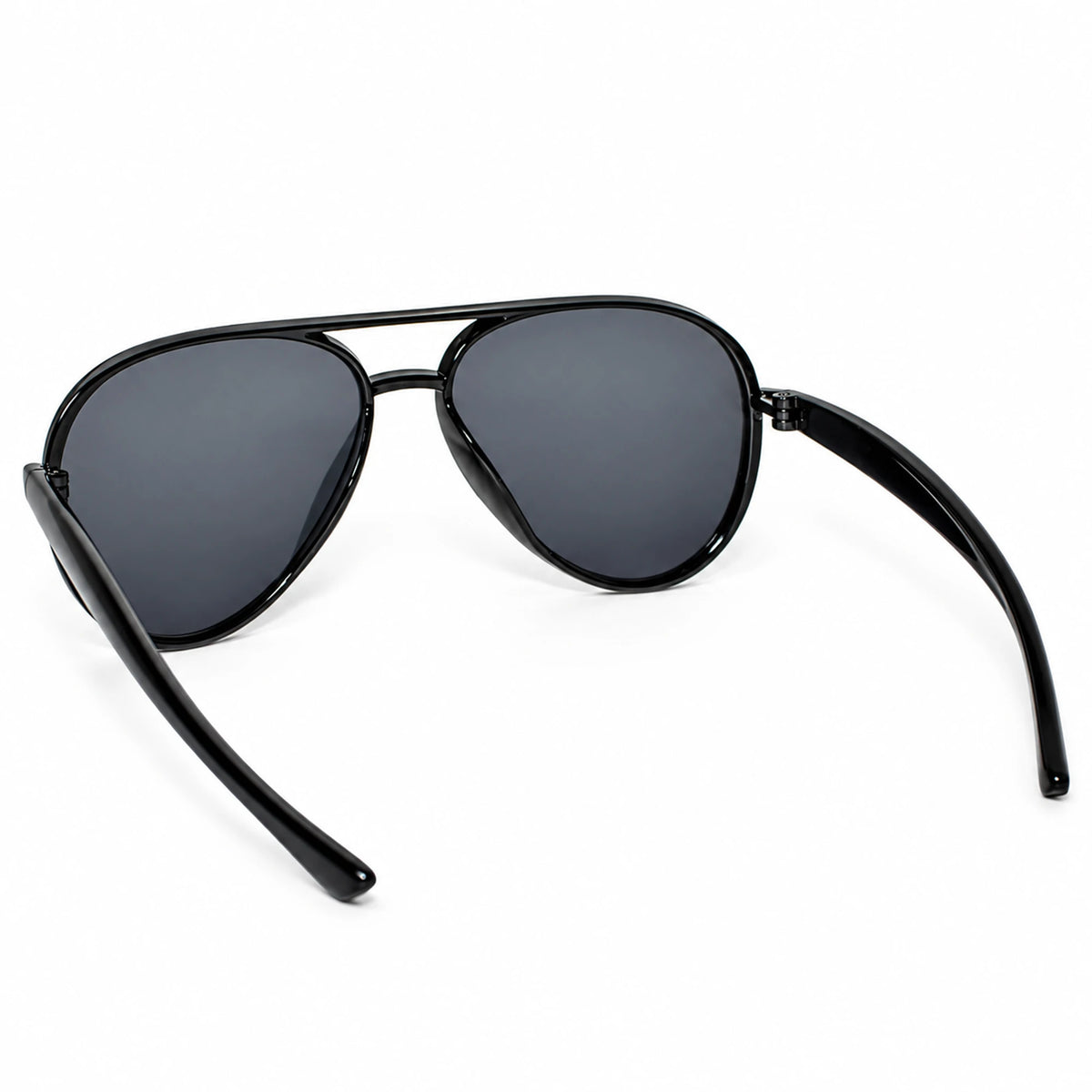 Black aviator sunglasses with dark gray lenses and a double bridge design, shown on a clean white background.
