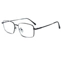 A pair of semi-rimless rectangular metal eyeglasses with a thin black frame and clear lenses, shown from a three-quarters angle on a solid white background.